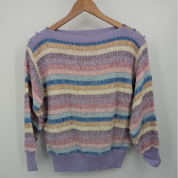 VTG Pastel Scharder Sport Knit Ruched Sz 12 Striped Sweater Indie Y2K 80s Ribbed - Picture 1 of 6